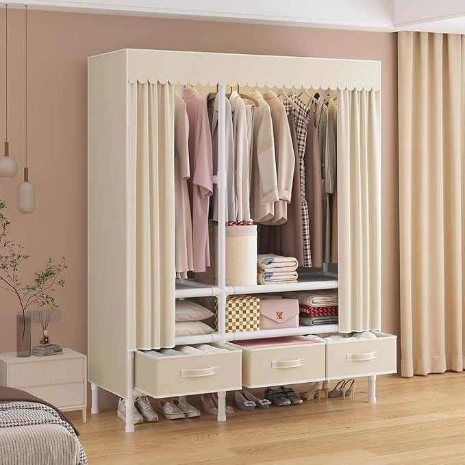 Portable Closet,Garment Rack,Heavy Duty Clothes Rack with Cover,Wardrobe Closet with 1 Hanging Rods, 2 Storage Shelves and 3 Drawers,43.3" L x 17.7" W x 67.7" H,Pale Yellow