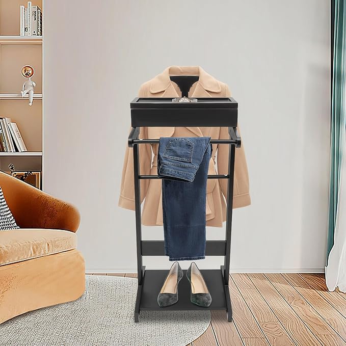 Suit Valet Stands for Women and Men Clothes Wood Valet Stand with Base Freestanding Clothing Organizer Valet Stand Contour Hanger Trouser Bar Belt Hooks for Office Living Room (Black)