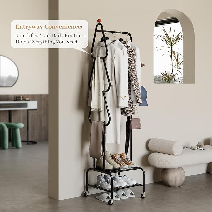 Clothes Rack, Metal Garment Rack with Wheels and Shelves, Rolling Portable Clothing Racks for Hanging Clothes, Freestanding Storage Solution for Small Spaces (Black)