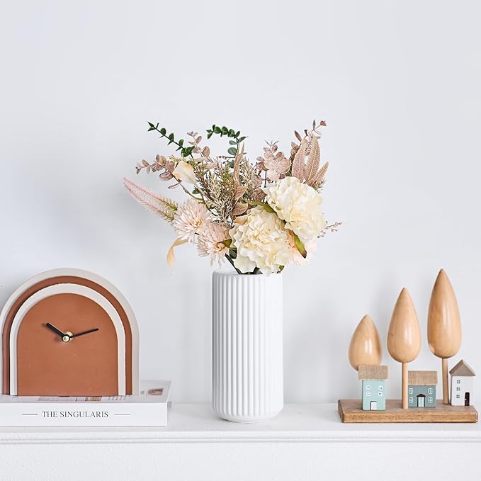 White Ceramic Flower Vase for Pampas Grass, 6 inch Small Decorative Centerpiece Ribbed Vase for Dining Table, Office Desktop, Shelf Bookshelf, Mantel, Bathroom, Countertop, Farmhouse, Gift