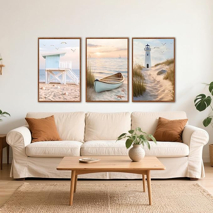 KAlRNE Modern Coastal Framed Canvas Wall Art Set of 3(24”X36”),Neutral Beach Sailboat Wall Decor,Ocean Lighthouse Picture,Photography Seagull Seascape Art Prints For Living Room Bedroom Office
