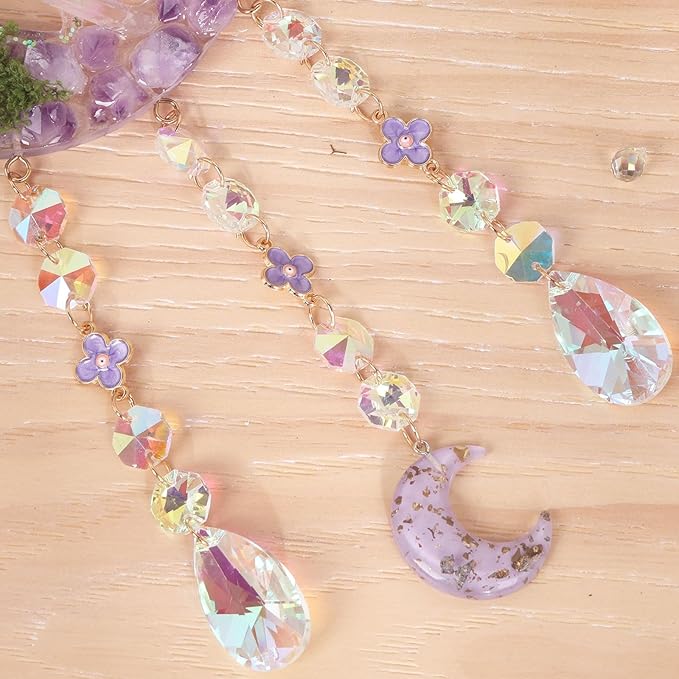 Fairy Purple Forest Deer Crystals Dream Catchers Christmas Gemstone Sun Catcher with Star&Flowers Ornament Handmade Dreamcatcher Wall Decor for Adults Boys Girls Bedroom Wedding Garden Bless Gift