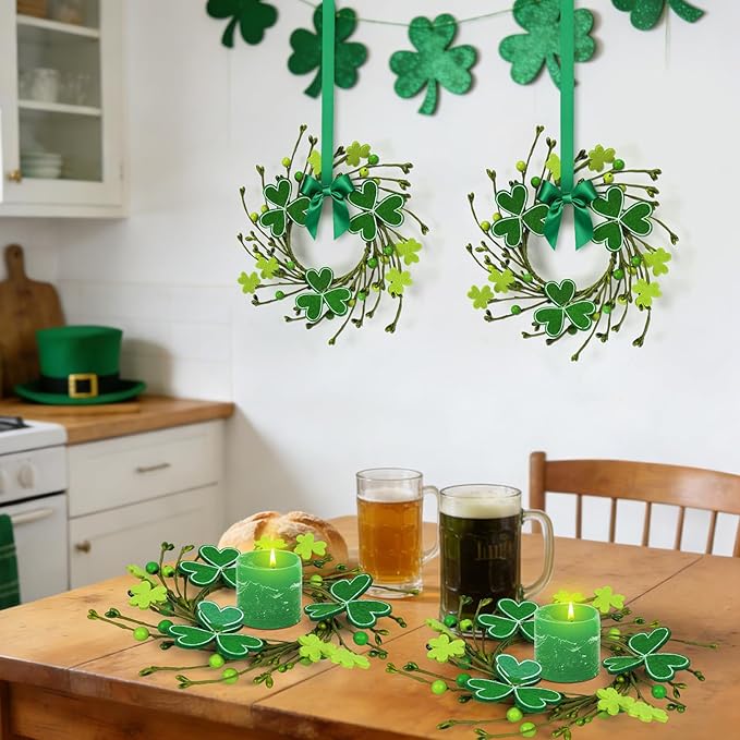 6 PCS Mini St. Patrick's Day Felt Shamrocks Wreath for Front Door St. Patrick's Day Kitchen Cabinet Wreaths Decorations with Ribbon Small Spring Green Irish Clover Berry Wreath for Porch Wall Window