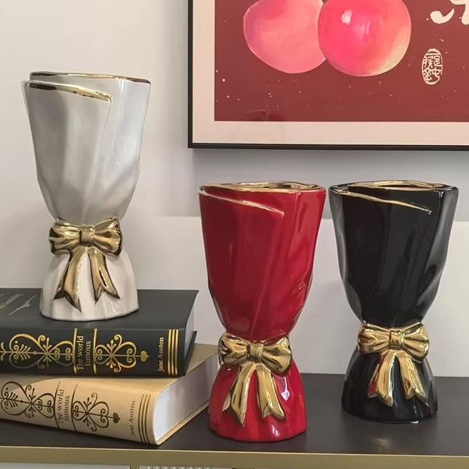 Black and Gold Bow Ceramic Vase - Flower Vases for Home Decor, Bow Decor, Boho Style, 9.65 Inch Flower Vases for Bouquet, Large Vase for Ideal Shelf Decor/Table (Black and Gold, Large)