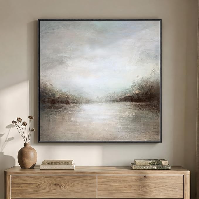 Framed Abstract Lake Landscape Wall Art, Modern Neutral Canvas Prints Artwork for Walls, Minimalist Rustic Square Pictures for Living Room Bedroom Dining Room Hallway Office Wall Decor, 30x30 In