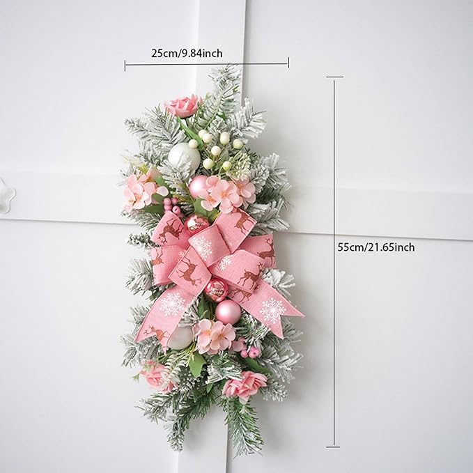 SM SunniMix Christmas Swag Teardrop Swag Artificial Wreath Door Swag Decorative Bow Ornament Lightweight PP Material Suitable for Gift Giving Home Decoration, Pink