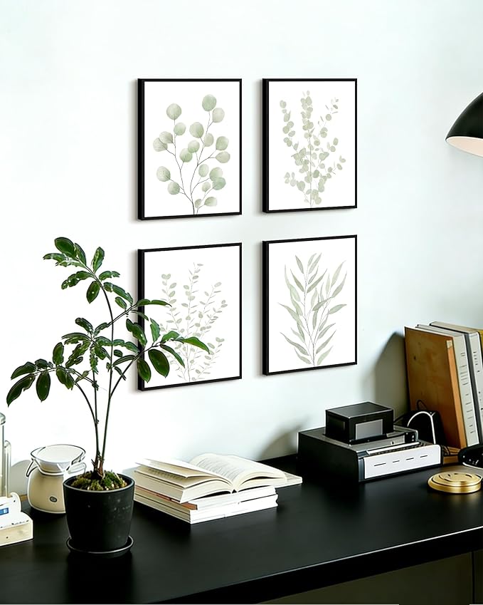 Drsoum Botanical Plant Framed Wall Art Boho Wall Decor for Bathroom Sage Green Eucalyptus Leaf Prints Minimalist Aesthetic Ready to Hang Set of 4, 8x10 in (Black Framed)