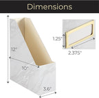 BLU MONACO Set of 4 Magazine Holders | White Marble Design with Gold Label Holders | Foldable File Organizer Boxes for Desk, Office & Classroom | Stylish Paper & Magazine Storage