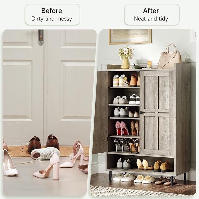 ONBRILL Shoe Cabinet with Cross Molding Doors, 6-Tier Shoe Storage Cabinet with 3 Adjustable Shelves and Metal Legs, 45'' Tall Shoes Rack Organizer Cabinet for Entryway, Front Door, Gray Wash