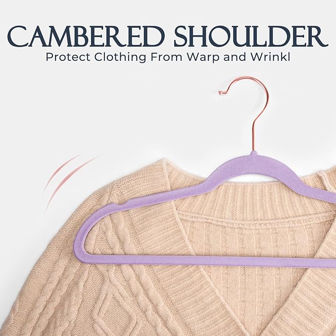 HOUSE DAY Lt-Purple Velvet Hangers 20 Pack, Premium Non-Slip Felt Clothes, Sturdy Heavy Duty Coat, Durable Hangers for Suits, Space Saving with No Hanger Mark, 360° Swivel Rotating Rose Gold Hook