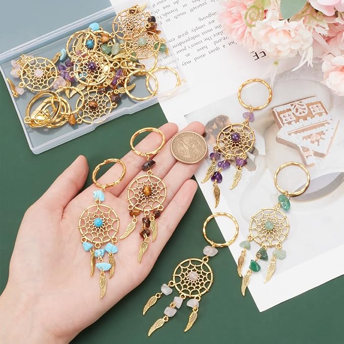 PH PandaHall 12pcs Dream Catcher Keychain Stone Key Chains Crystal Quartz Gemstone key Rings Feather Key Chain Dream Catcher Keyring Lucky Decor for Bag Home Hanging Ring Ornaments Car Pendant