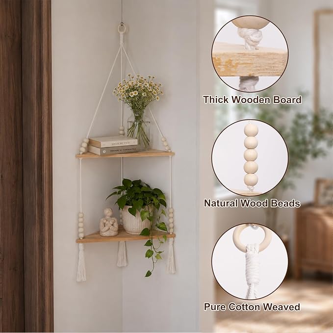 Artilady Macrame Wall Hanging Corner Shelf 2-Tier, Adjustable Boho Stable Shelves Display for Indoor Plants Candle Holder, Rustic Bedroom Living Room Home Decor (Beige 2-Tier)