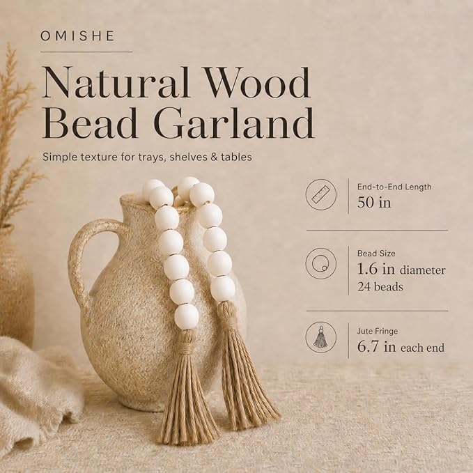 OMISHE 50" Long Extra Large Wood Bead Garland with 1.6" Diameter Wooden Beads and Tassels, Rustic Farmhouse Country Decorative Beads for Home Tiered Tray Decor, White