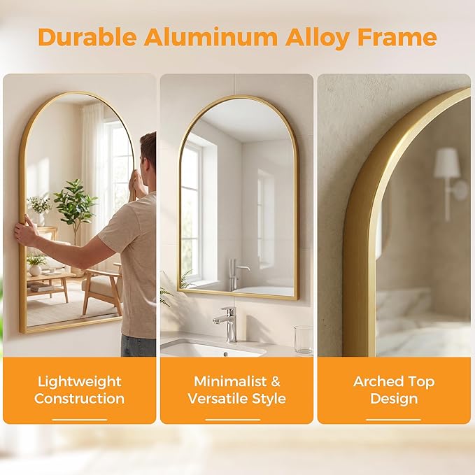 DUMOS Gold Metal Arch Vanity Rounded Rectangle Bathroom Mirrors for Over Sink Wall, 21x30 Inch Large Matte Mirror, Modern Decorative for Restroom, Farmhouse