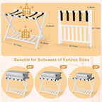 26.77"L Luggage Rack, White Luggage Rack for Guest Room, Bamboo Folding Suitcase Stand with Storage Shelf, 5 Nylon Straps, Heavy Duty Luggage Holder for Bedroom Hotel, 1 Pack, Gift Box Packaging