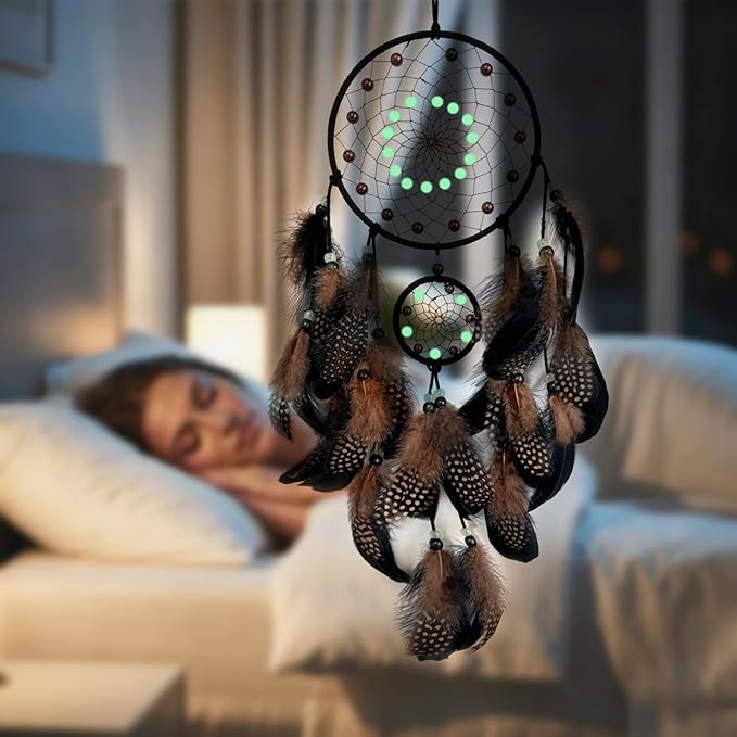 Brown and Black Dream Catcher Wall Decor Feather Dream Catchers with Luminous Bead Handmade Dreamcatcher Wall Hanging Ornament for Bedroom Living Room Home Decor