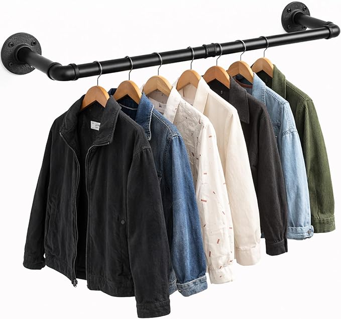Svyrilk Industrial Pipe Clothes Rack 38.4" Wall Mounted, Heavy Duty Iron Garment Bar, Space-Saving Hanging Rod for Closet, Laundry Room, Bedroom, Black