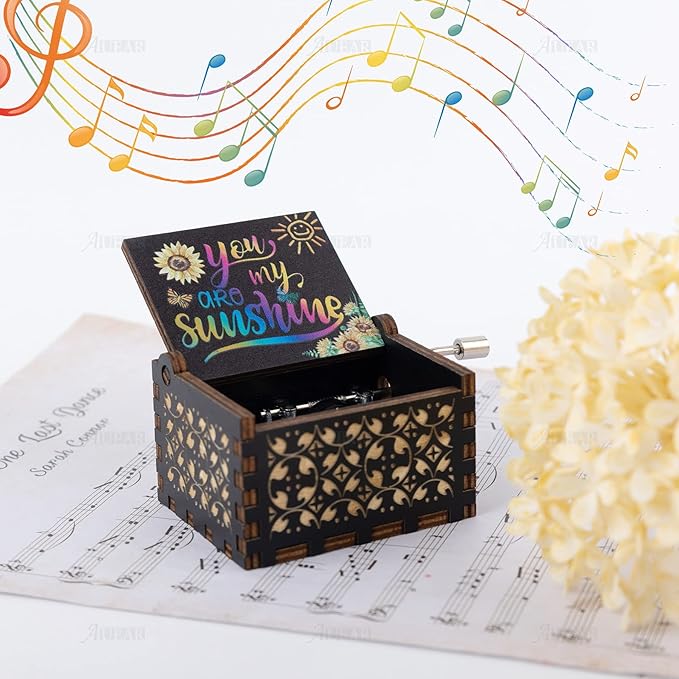 AUEAR, You are My Sunshine Wooden Music Box Hand Crank Laser Engraved Vintage Musical Small Unique Gift for Birthday Wedding Christmas Valentines Day (Style C)