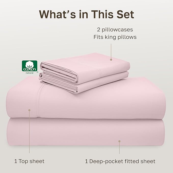 California Design Den Luxury King Size Sheet Set - 100% Cotton, 600 Thread Count Deep Pocket King Sheets, Hotel-Quality Bedding with Sateen Weave - Blush Pink
