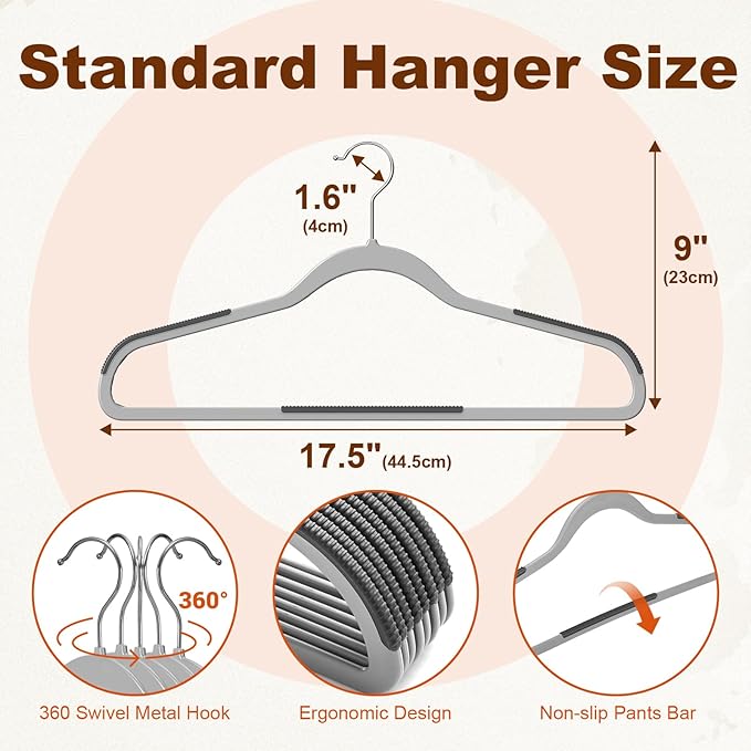 HOUSE DAY Heavy Duty Plastic Hangers 100 Pack, Clothes Hangers with Non-Slip Rubber Pads - 0.2 Inch Thin Space Saving Coat Hanger for Closet Organizer, 360° Swivel Hook for Shirts, Pants, Suit (Grey)