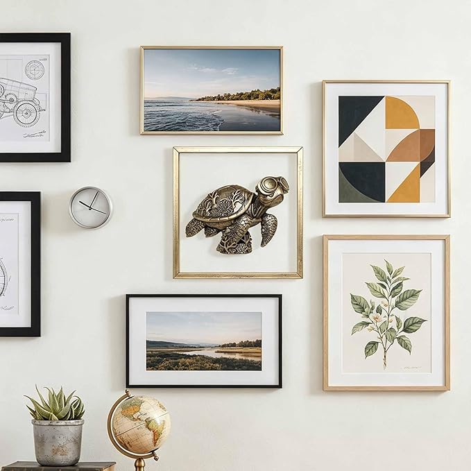 Newinhome Animal Heads Wall Decor (Includes Metal Frame) Resin sea turtle Sculptures Wall Hanging Decoration Gold vintage Wall Sculpture for Living Room Bedroom Office(Turtle)