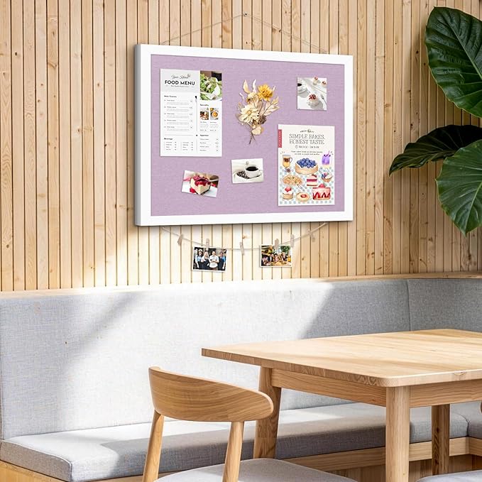 DOLLAR BOSS Bulletin Board with Linen Double-Sided 24" x 18" Linen Cork Boards for Walls Picture Display Vision Board for Office Home School Framed Picture Pin Board, 20 Pushpins 10 Clips, Purple