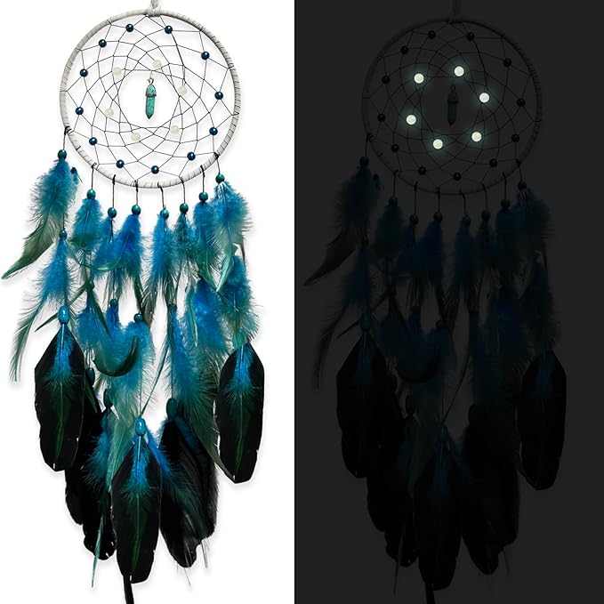 Blue Dream Catchers Glow in The Dark Turquoise Gem Dreamcatcher for Boys Girls Kids Bedroom Handmade Decor Wall Hanging