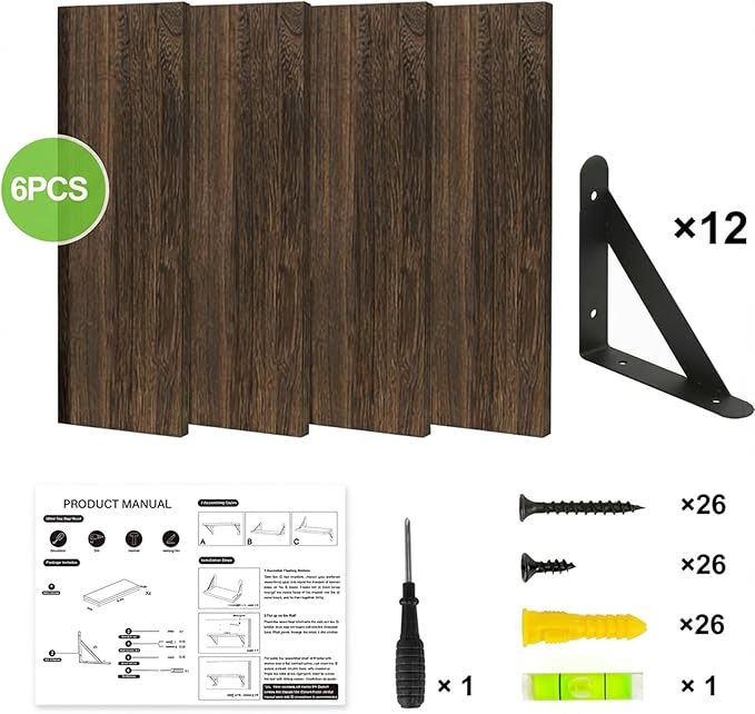 YGEOMER 23.6 Inch Floating Shelves for Wall, Farmhouse Wall Shelves for Bedroom, Bathroom Storage, Living Room and Kitchen Decor (Set of 6 Brown)