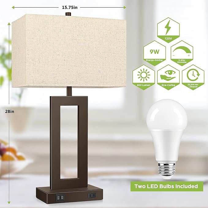 TOBUSA 28’’ Tall Brown Lamps for Living Rooms Set of 2, Modern Touch Control Table Lamps for Bedroom, 3 Way Dimmable Bedside Lamps with 2 USB Ports&AC Outlet, High-end Decor Lamp for Home Office