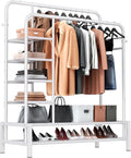 Clothes Rack, Double Rods Clothing Rack with 2 Bottom Shelves & 4 Side Shelves, Metal Garment Rack for Hanging Clothes, Heavy Duty Clothes Rack for Bedroom, Laundry, Living Room, White