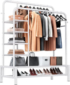 Clothes Rack, Double Rods Clothing Rack with 2 Bottom Shelves & 4 Side Shelves, Metal Garment Rack for Hanging Clothes, Heavy Duty Clothes Rack for Bedroom, Laundry, Living Room, White