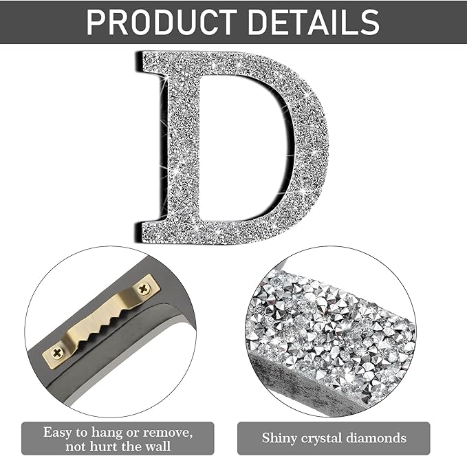 Qunclay 12'' Silver Crystal Diamond Bling Letters Crushed Diamond Decoration Wooden Glitter Letter with Screw and Hooks Rhinestone Gift for Wedding Y2k Mcbling Bedroom Wall Decor (Letter D)