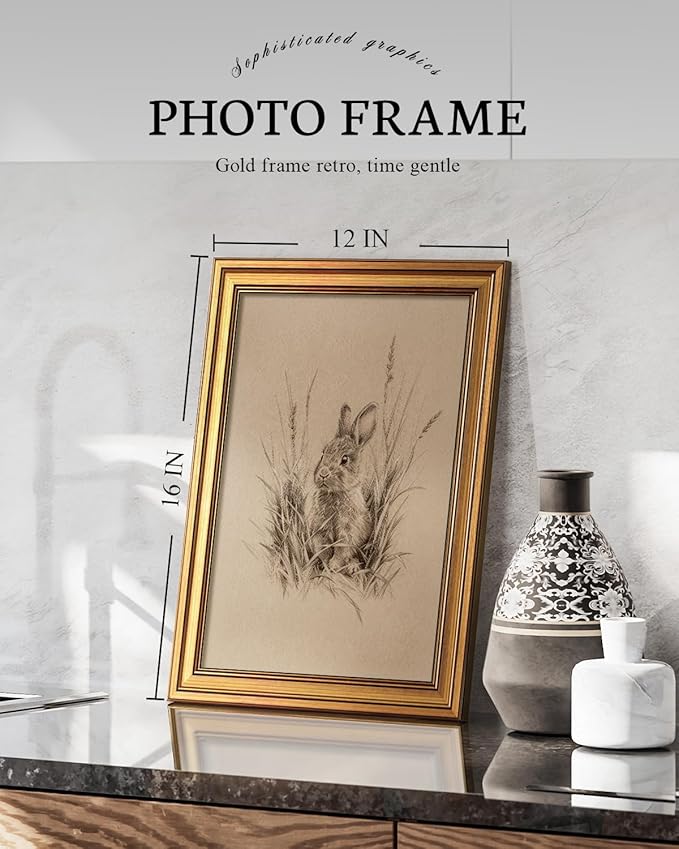 VIYYIEA Vintage Gold Framed Wall Art for Living Room, Easter Canvas Prints Home Decor, Sketch Painting Picture, Bedroom Wall Decor Gifts for Friends or Family -【The Hidden Hare】-(16L x 12W)