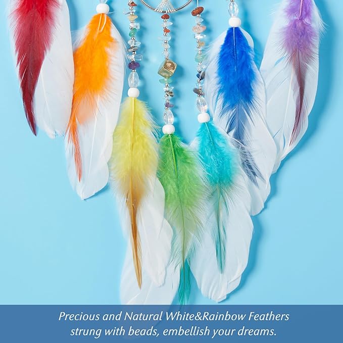 7 Chakras White Dream Catchers Tree of Life Dream Catcher Rainbow Feather Dreamcatcher Wall Decor with Healing Crystal & Fluorite Wall Art Hanging for Bedroom Home Decor Bless Gift Wedding Garden