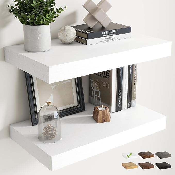 24 Inch Floating Shelves for Wall Set of 2, 12"D Wood Grain Bathroom Shelves with Invisible Brackets, Easy Install Engineered Wood Storage Shelves for Kitchen, Living Room, Bedroom, White Finish