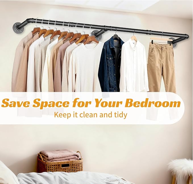 60 INCH Clothes Rack Wall Mounted, Industrial Pipe Garment Rack, Multi-Purpose Clothing Rod for Closet, Laundry Room, Retail Display, Black