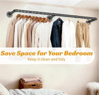 60 INCH Clothes Rack Wall Mounted, Industrial Pipe Garment Rack, Multi-Purpose Clothing Rod for Closet, Laundry Room, Retail Display, Black