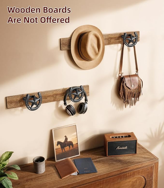 Cowboy Hat Hook for Wall, 4 Pack Cowboy Hat Rack, Metal Horseshoe Hanger, Hat Organizer, Western Hook for Wall, Hat Holder Display for Closet, Horse Supplies, Texas Gifts for Men, Black