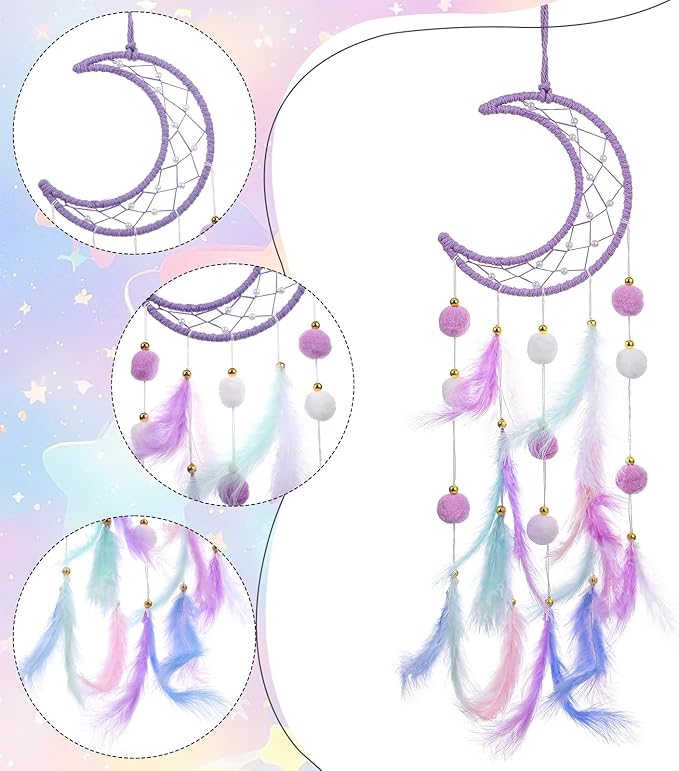 ElevateTech Purple Dream Catcher Wall Hanging Set, 2 Pcs Moon Star Pompom Feather Dreamcatcher Wall Decor Handmade Dream Catchers Boho Room Decor for Bedroom, Nursery Walls Art Birthday Gifts
