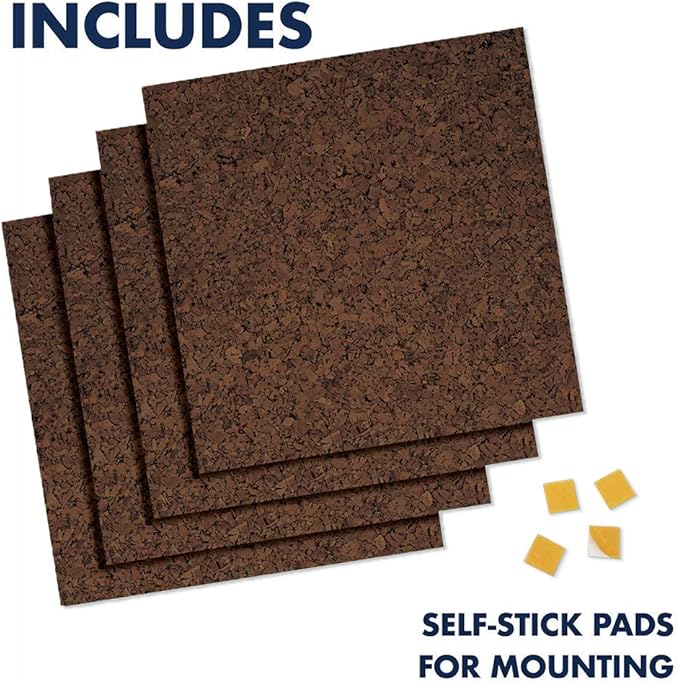 Quartet Cork Tiles, Bulletin Board Cork Panels 12" x 12" x 3/8", Dark Brown, 4 Pack (101)