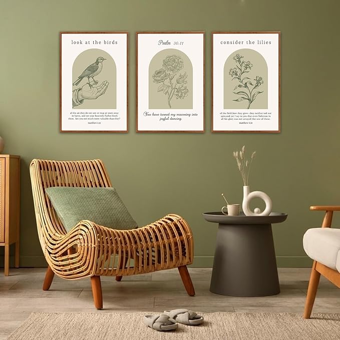 KAlRNE Sage Green Christian Wall Art Set of 3(16”X24”),Vintage Bible Verse Wall Decor,Modern Religious Birds Framed Canvas Paintings,Scripture Lilies Art Prints For Living Room Bedroom Office Church