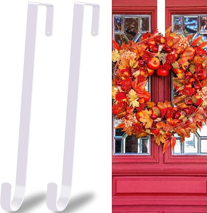 Dreecy 12” Wreath Hangers for Front Door, Christmas Wreath Hanger Holder, White Over The Door Wreath Hanger Hooks for Hnaging Christmas Front or Back Door Reef Decoration 2 Pack