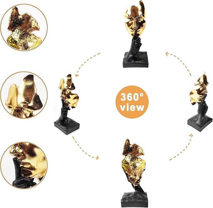 Thinker Statue-Silence is Gold-Abstract Art Figurine Decor - 12" H No Hear No See No Speak Modern Home Resin Sculptures Decorative Objects Decor for Home Office Bookshelf Desktop