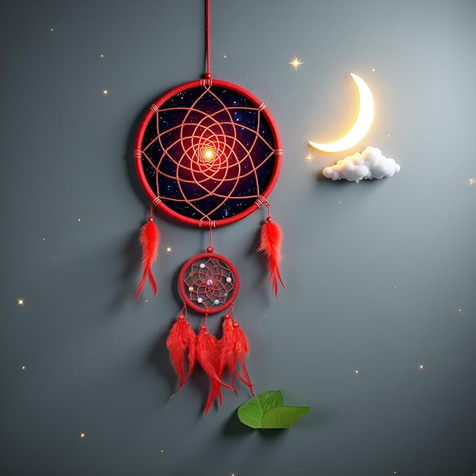 Red Small Dream Catcher with Feathers Wall Hanging Ornament Indian Style Decoration Wind Chimes for Car Home Wall Decor Home and Kitchen