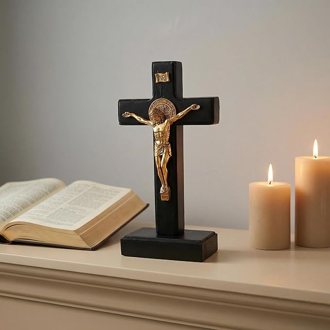 PHYUKEY Wooden Wall Cross with Jesus Christ Small 5.5in Standing Crucifix with Detachable Stand for Wall Hanging or Tabletop Display, Christian Gift & Catholic Home Decor