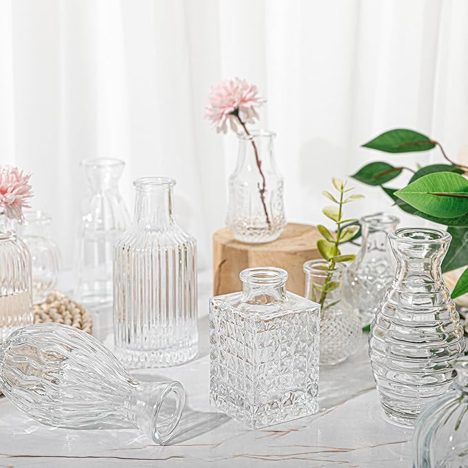 Glass Bud Vase Set of 32 Pcs, Small Glass Vases for Flowers, Clear Bud Vases in Bulk, Vintage Vases for Wedding Centerpieces, Wedding Decorations, Home Table Flower Decor