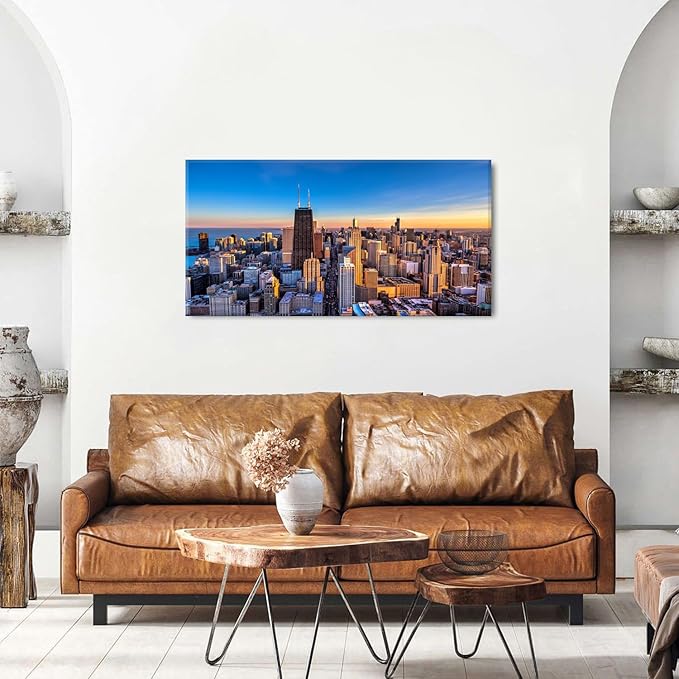 AIYISU Sunset Chicago Wall Art USA City Wall Decor Chicago Skyline Picture Center Cityscape Canvas Prints Painting Modern City Skyscraper Poster Artwork for Bedroom Living Room Home Decoration 20x40”
