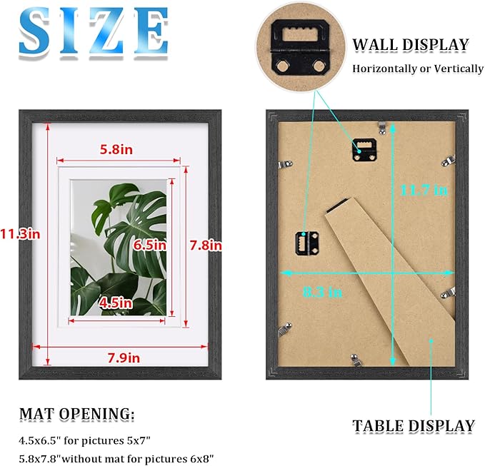 Egofine A4 Picture Frames Set of 4, Made of Solid Wood Covered by Plexiglass 5x7 and 6x8 with Mat or A4 without Mat, for Table Top Display and Wall Mounting Photo Frame Rustic Black
