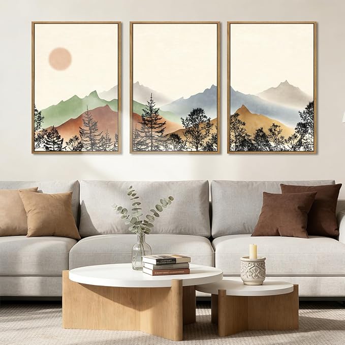 Large Boho Mountain Wall Art Framed Mountains Wall Decor Farmhouse Landscape Art Prints Boho Landscape Artwork Rustic Mountain Wall Pictures Set of 3 for Living Room Bedroom Office Farmhouse 36x24 Inches