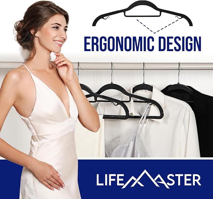 Lifemaster Versatile Clothes Hanger Set - 80 Pieces Space-Saving Dry and Wet Clothes Hanger Set with 360° Swivel Hook and Non-Slip Rubber Design - Black